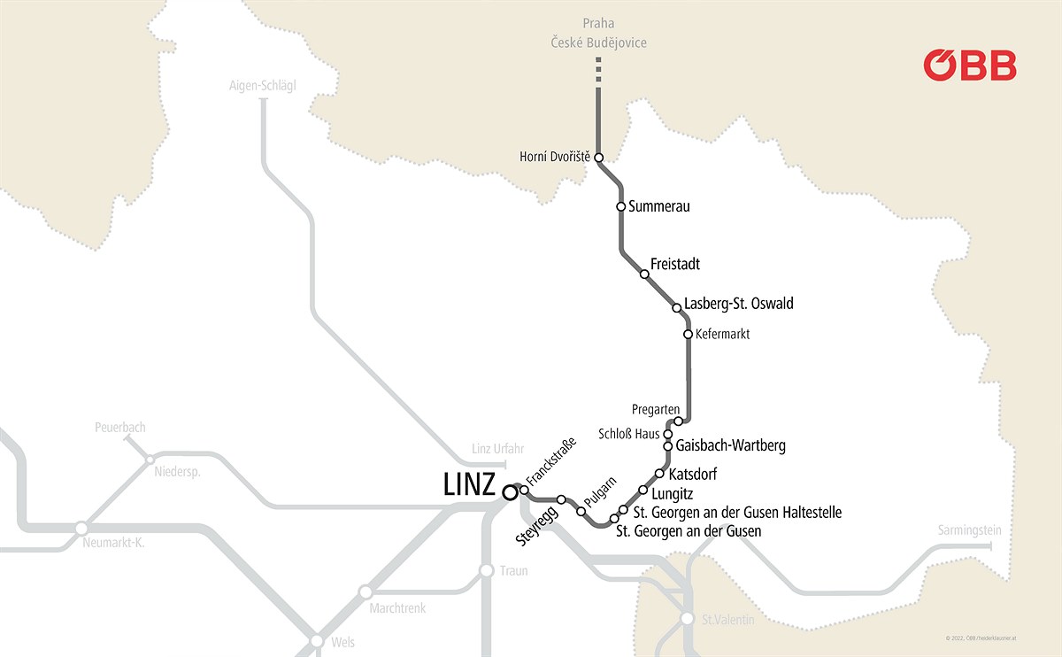 Die Summerauerbahn ist eine eingleisige Nebenbahn. Der Oberösterreichische Teil der Strecke verläuft von Linz nach Summerau an der Grenze zu Tschechien.