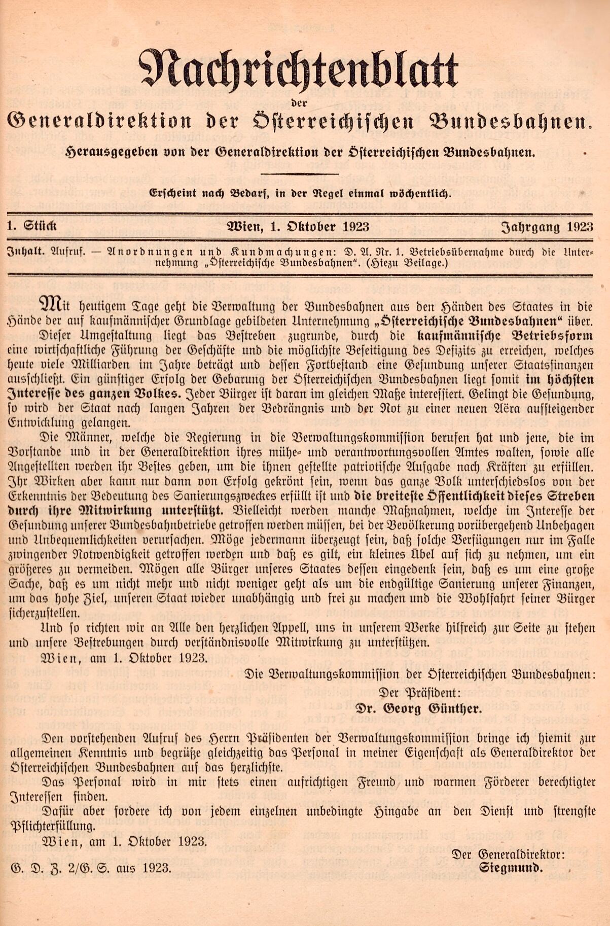 Kundmachung Nachrichtenblatt 1.10.1923