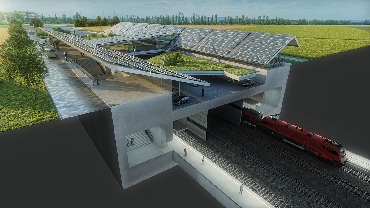 Visualisierung des Querschnitts des künftigen Regionalbahnhofs im Bereich Enzersdorf an der Fischa