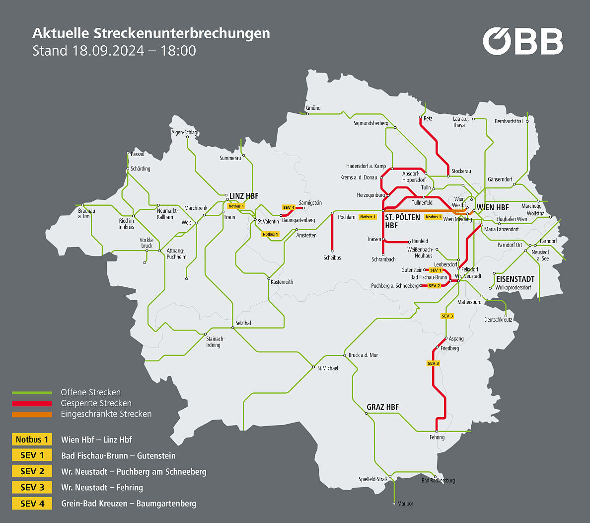 Aktuelle Streckenunterbrechungen 18.9.; 18:00 Uhr