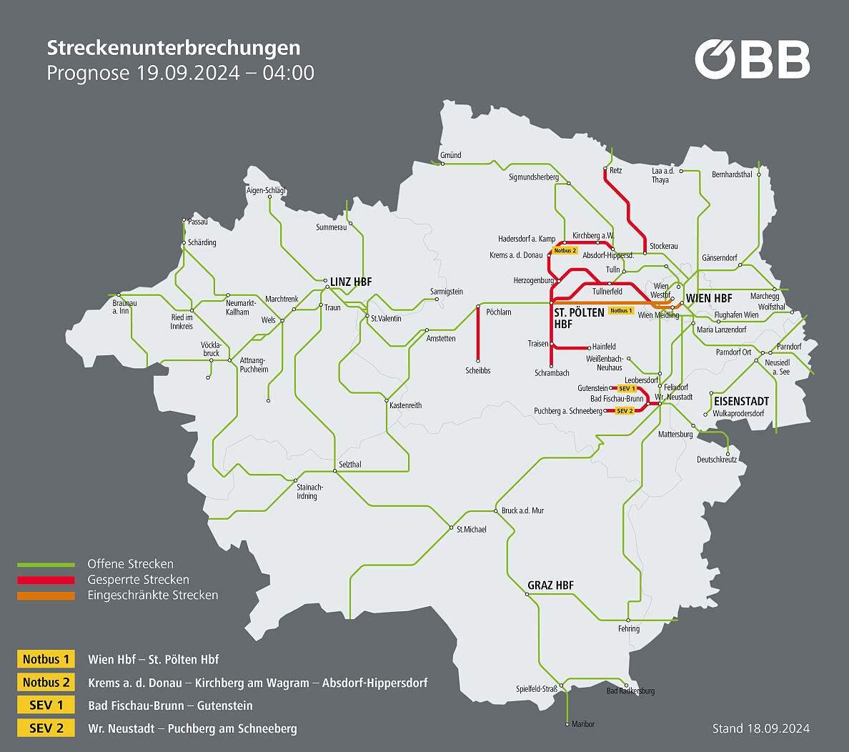 ÖBB Streckenunterbrechungen Prognose 19.9., 04:00 Uhr