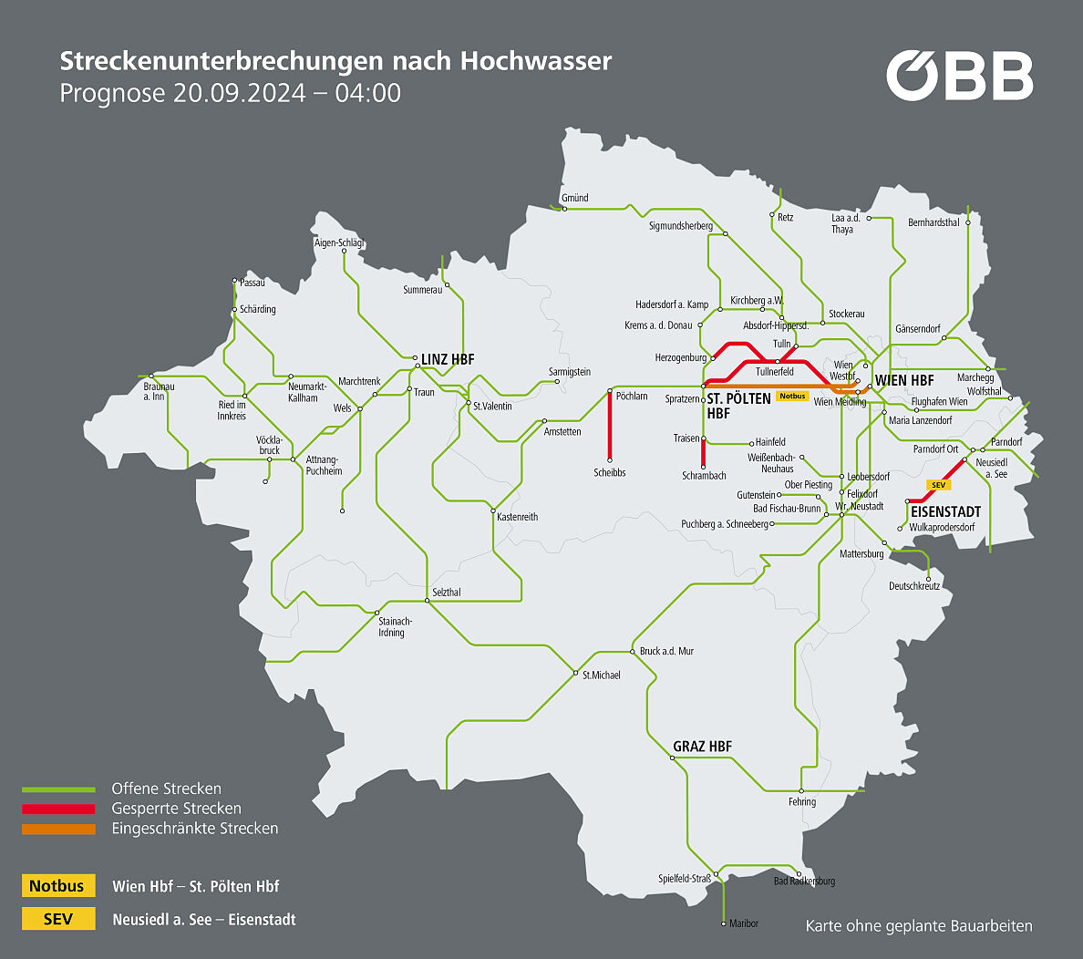 ÖBB Streckenunterbrechung Prognose, 20.09., 04:00 Uhr